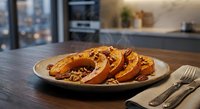 Roasted butternut squash slices with pecans and cranberries on plate in modern kitchen setting for healthy autumn dining and seasonal cooking recipes.