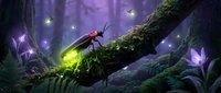 Magical firefly glowing bright green light in enchanted forest with purple flowers and sparkling fairy lights on mossy tree branch.