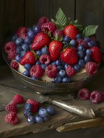 Fresh mixed berries in glass bowl with strawberries, blueberries and raspberries on rustic wooden background. Classic still life composition with vintage silverware.