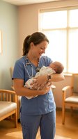 Smiling female nurse in blue scrubs holding newborn baby in hospital room with warm natural lighting for healthcare and maternity care concepts.
