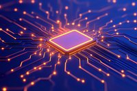 Glowing processor chip with orange circuit paths on purple background, digital technology concept with neon lighting effects and depth of field blur.