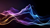 Flowing neon light waves in vibrant purple, blue, and gold gradients against dark background. Modern abstract design for digital art, wallpapers, and contemporary graphics.