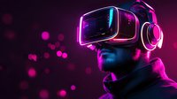 Man wearing virtual reality headset and headphones illuminated by vibrant neon pink and blue lights against dark background with glowing bokeh effect.