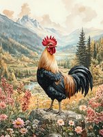Majestic rooster stands proudly in mountain meadow surrounded by wildflowers, pine trees and distant peaks. Watercolor style artwork shows farm animal in natural landscape.