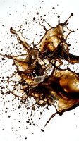 Dynamic coffee splash with droplets and crown formation on white background for beverage advertising and culinary design projects.