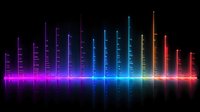 Glowing neon audio equalizer bars in vibrant gradient colors from purple to blue to red on black background with reflection, creating dynamic music visualization.