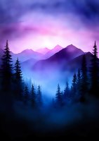 Mystical mountain landscape at dawn with silhouettes of pine trees in foreground and layered peaks emerging through purple and blue misty atmosphere.