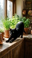 Black cat stretching on rustic wooden windowsill surrounded by potted green plants and natural sunlight in cozy cottage kitchen interior.