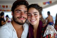Young Hispanic couple smiling at camera during festive celebration, wearing traditional attire with white lace and colorful details, party atmosphere in background.