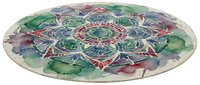 Watercolor mandala with geometric flower pattern in vibrant jewel tones, isolated on white background, ready for design projects, textiles, and decorative applications.