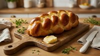 Freshly baked braided loaf with golden crust on wooden cutting board, garnished with fresh herbs and butter, perfect for bakery, food styling, and culinary content.
