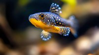 Vibrant blue and orange spotted freshwater fish swimming in aquarium with blurred natural background, macro close-up showing detailed scales and fins pattern.