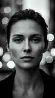 Black and white portrait of confident young Caucasian woman with pulled back hair against blurred city lights bokeh background for professional headshots.