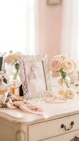 Elegant vintage dressing table with ornate white photo frame, pink roses, ranunculus flowers, pearl necklace, perfume bottles and feminine accessories in soft pastel tones.