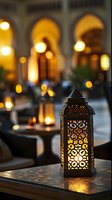Traditional oriental lantern with glowing warm light on restaurant table against blurred arabic architectural background with arches and ambient lighting.