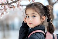 Young Asian girl in winter coat gazing upward with innocent expression near blooming cherry blossoms, soft bokeh background creates dreamy spring atmosphere.