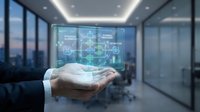 Business professional hand presenting holographic digital network interface with data analytics in modern office conference room for technology presentations.