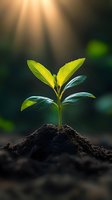 Young green seedling growing from fertile soil with sunbeams shining through leaves, symbolizing new beginnings, growth, and environmental sustainability.