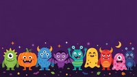 Cute monster characters with happy faces lined up on purple background with stars and moon, suitable for children's designs, Halloween decorations, and playful graphics.