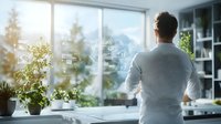 Young Caucasian businessman in grey sweater standing at modern office window, looking outside at cityscape view, potted plants on windowsill, morning sunlight streaming in.