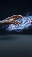 Hands of male professional in business suit interacting with glowing neon circuit pattern on dark surface, representing digital technology, innovation, and futuristic computing solutions for tech industry.