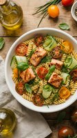 Grilled salmon pasta salad with cherry tomatoes, cucumber and fresh herbs in white bowl on wooden table with olive oil and ingredients around.