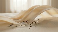 Wooden ribbon flowing across sand with scattered coffee beans, creating an abstract composition with soft natural lighting and minimalist aesthetic for design projects.