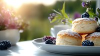 Fresh baked scones dusted with powdered sugar served on white plate with ripe blackberries and lavender sprigs, soft natural lighting creates cozy atmosphere.