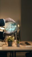 Businessman hands protecting holographic renewable energy icons with wind turbines and solar panels in modern office environment for sustainability concepts.