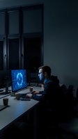 Cybersecurity analyst working late at night monitoring digital security systems on computer screen in dark modern office environment.