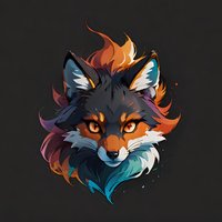 Mystical fox head with vibrant orange and turquoise fur details against dark background, featuring fierce glowing eyes and flame-like mane for fantasy art designs.