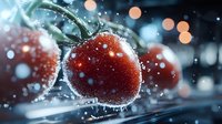 Fresh ripe tomatoes with water drops and splashes on dark background with bokeh lights, macro photography for food and restaurant menu design.