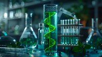 Glowing green DNA helix structure in glass test tube among laboratory equipment with dramatic lighting and bokeh effect in dark science lab setting.