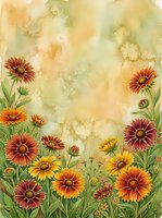 Watercolor floral border with vibrant gaillardia blooms in red, orange and yellow on warm textured background with copy space.