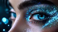 Mesmerizing blue glitter makeup around eye with dramatic lashes and shimmering sparkles on dark skin, artistic beauty cosmetics photography in macro view.