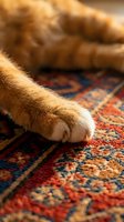 Close-up of cat paws on ornamental rug with warm lighting, showing feline relaxation and comfort indoors for pet care and lifestyle content.