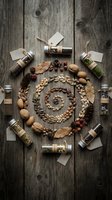 Autumn harvest arrangement with nuts, seeds, spices in glass jars forming spiral pattern on rustic wooden background for seasonal cooking and natural food storage.