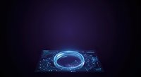 Glowing blue holographic ring on digital circuit board with futuristic technology interface, suitable for sci-fi graphics and tech presentations.