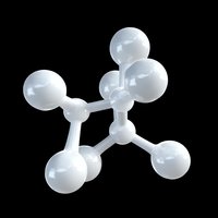 White molecular structure model showing chemical bonds and atoms against black background, isolated for scientific and educational illustrations.