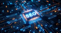 SEO text glowing on futuristic circuit board with blue and orange lights representing search engine optimization technology and digital marketing concepts.