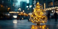 Glowing spiral LED lights form Christmas tree shape against blurred urban nightscape with bokeh lights, creating magical holiday atmosphere on reflective surface.