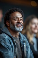 Happy mature African American man with gray beard smiling warmly in casual denim jacket, expressing joy and contentment in social setting.