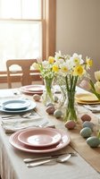 Easter table setting with spring daffodils, colored eggs and elegant dinnerware in warm sunlit dining room for holiday celebration and family gathering.