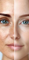 Split face comparison showing skin with freckles and without, demonstrating contrast between natural complexion and even skin tone, close-up on blue eyes and facial features.