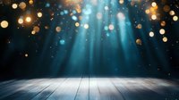 Wooden stage floor with magical turquoise light beams shining down from above, golden bokeh lights and sparkles creating dreamy atmospheric scene for performances.