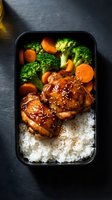 Glazed teriyaki chicken with sesame seeds served over white rice with fresh broccoli and carrots in black meal prep container for healthy lunch.