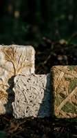 Handmade natural soap bars with botanical leaf imprints and woven basket on dark slate surface with blurred green foliage background for spa wellness products.