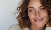 Close-up portrait of young woman with freckles, green eyes, and wavy brown hair wearing light sweater against white background.