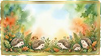 Watercolor hedgehogs in an autumn forest meadow with colorful foliage, flowers, and acorns, framed by a gold border with copy space.