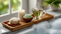 Serene spa composition with steaming herbal tea, bath salts, burning candle, and crystal on wooden tray by bathtub, creating relaxing atmosphere for wellness ritual.
